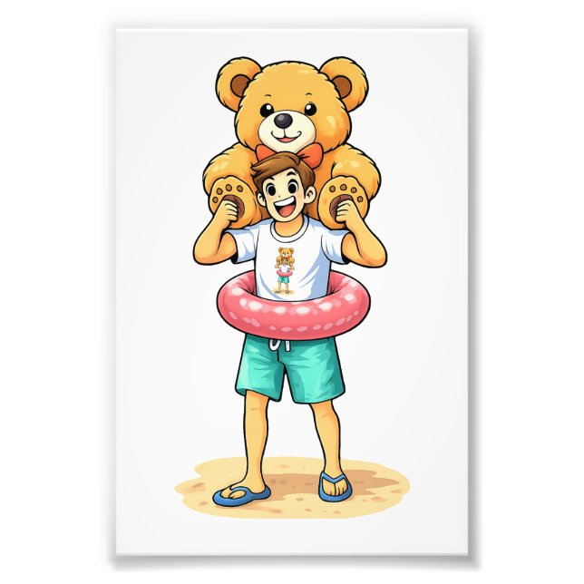 Foto Cute Cartoon Man with Giant Teddy Bear Summer Fun (Frente)
