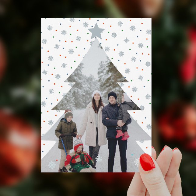 Foto da árvore de natal Elegante snowflakes (Elegant snowflake personalized Christmas photo card with snow and colourful polka dots)