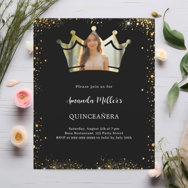 Foto da Coroa de Ouro Negra Convite Quinceanera (Criador carregado)