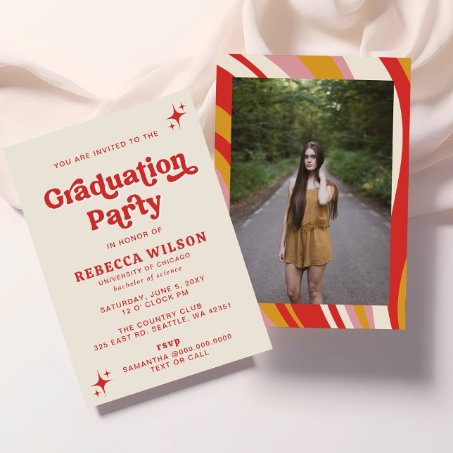 Foto da Festa de formatura Groovy Red 70s (Retro Groovy Ivory Red 70s Graduation Party  Photo Invitation)