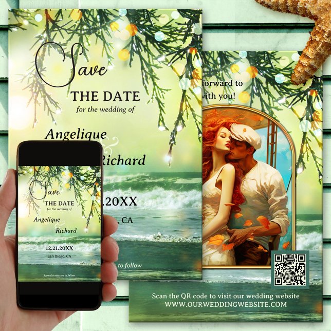Foto da praia de natal espumante Salve o cartão de (Christmas Wedding Save the Date Card featuring a teal green beach with sparkling lights on pine twig)