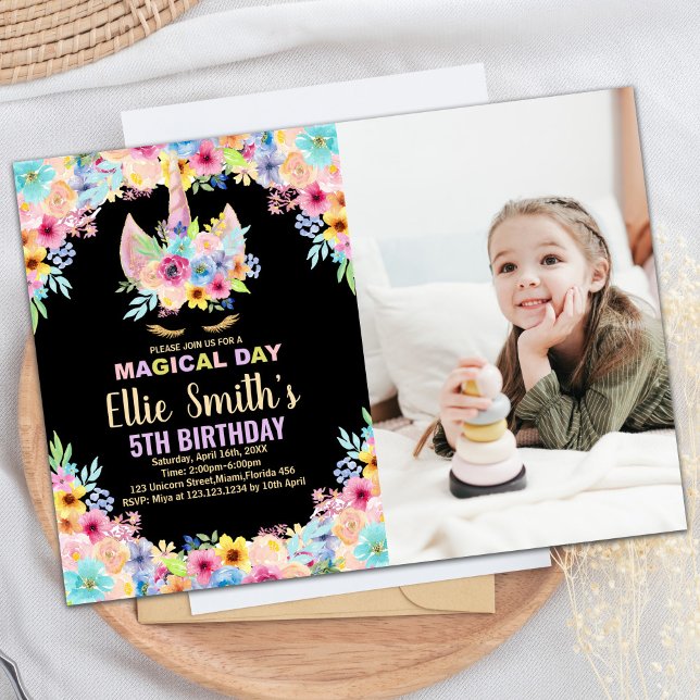 Foto de 5 Floral, Unicorn, Convites de Aniversário (Floral 5th Photo Unicorn Birthday Invitations)