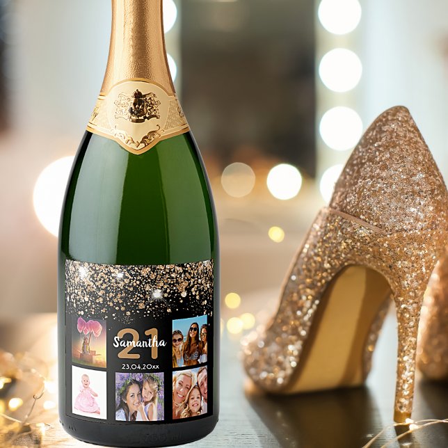 Foto de aniversário colagem dourada preta nome da  (Criador carregado)