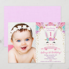 Foto de aniversário de Bunny convite rosa e ouro 1