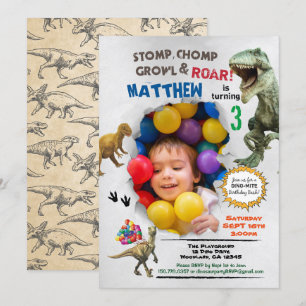 Foto de aniversário do Dinossauro, convite colori