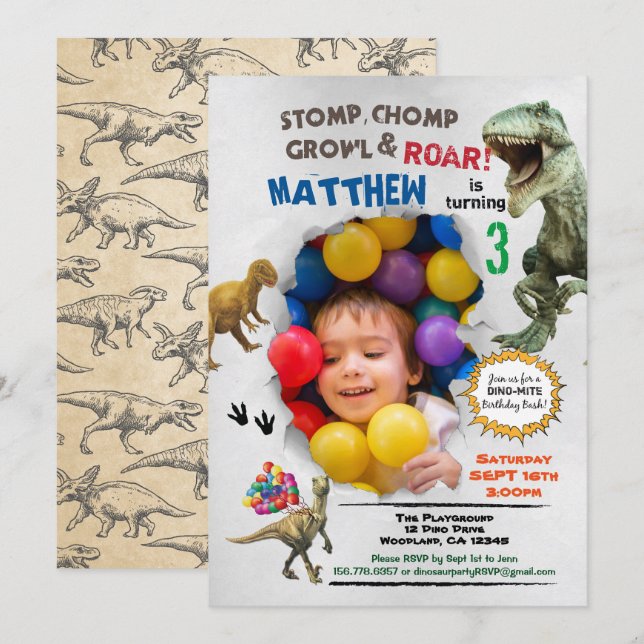 Foto de aniversário do Dinossauro, convite colorid (Frente/Verso)