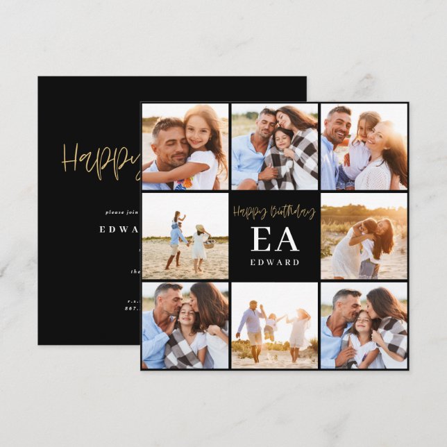 foto de aniversário monograma, preto e dourado (Frente/Verso)