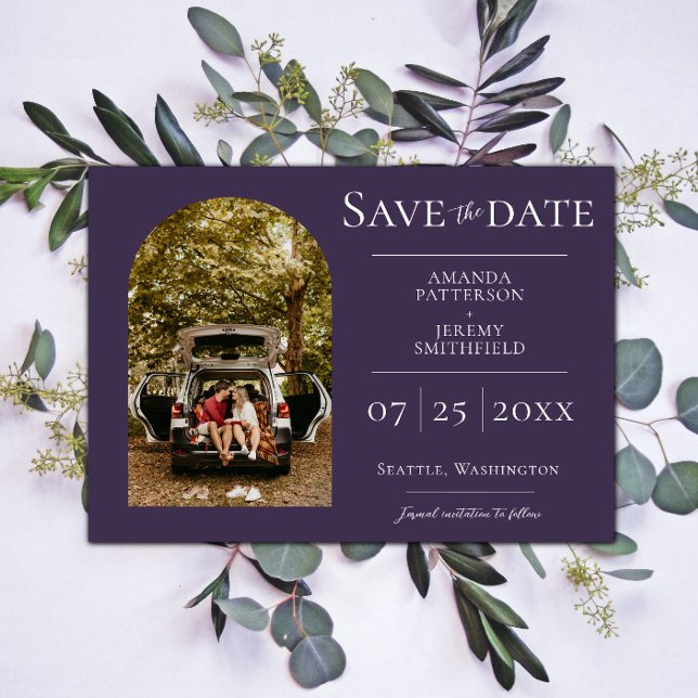 Foto de Arco Simples | Anúncio de Save the Date Ro (Purple Simple Arch Photo Save the Date)