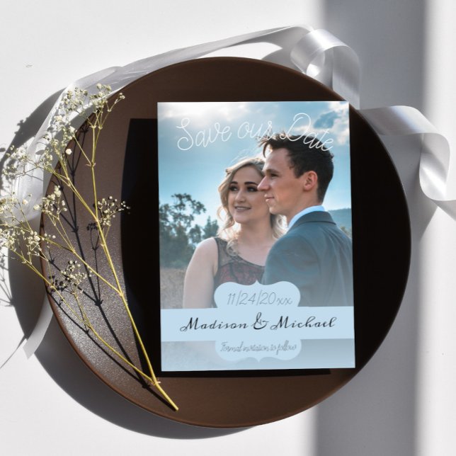 Foto De Banner Azul Suave Salva O Anúncio De Data (Soft Blue Banner Photo Save the Date)