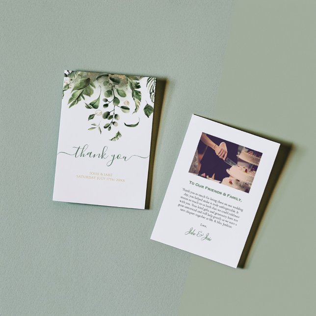Foto de casamento, cartões de agradecimentos de ca (Modern green leaves wedding thank you card, with elegant script and photo)
