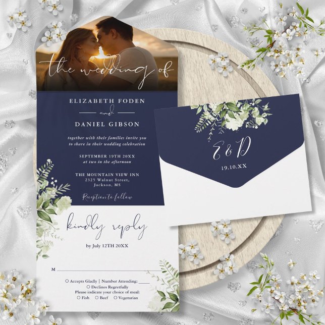 Foto de casamento com flora verde azul naval (Navy Blue Floral Greenery Wedding Photo All In One Invitation)