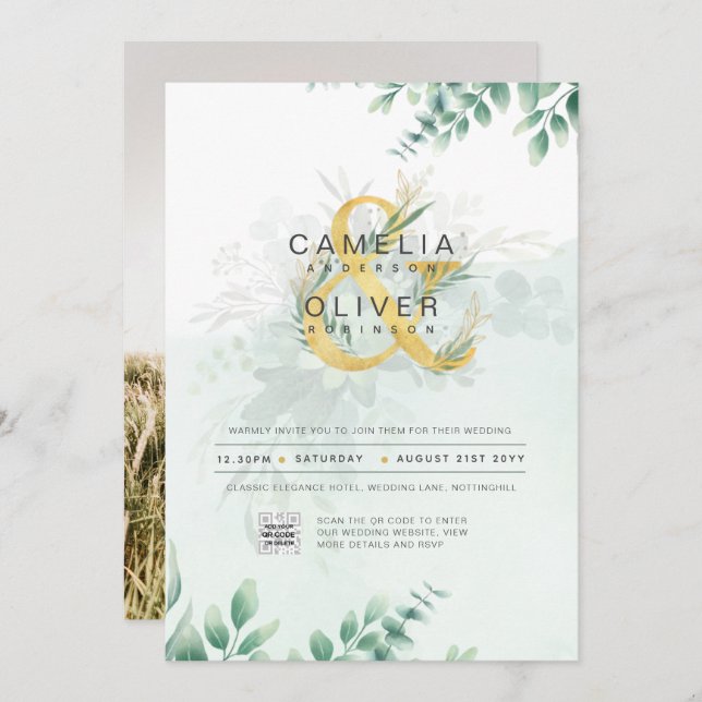 Foto de Casamento de Convite em Verde Moderno CÓDI (Frente/Verso)