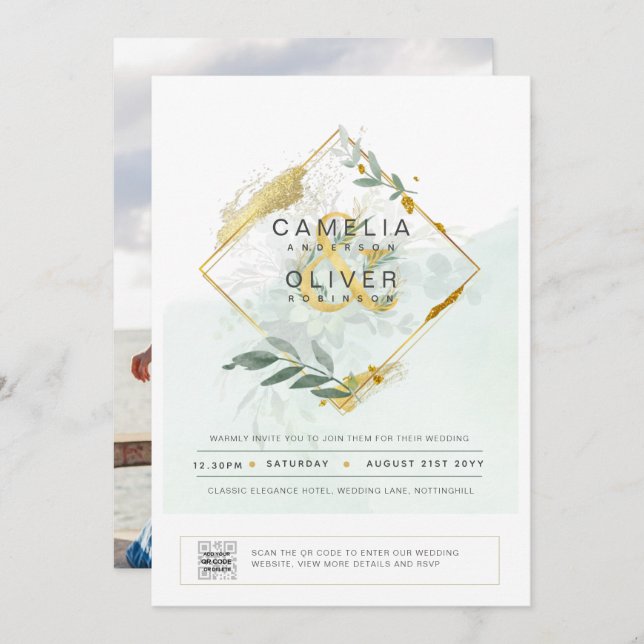 Foto de Casamento de Convite em Verde Moderno CÓDI (Frente/Verso)