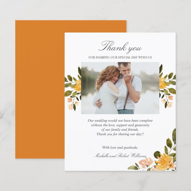 Foto de casamento floral amarelo e verde OBRIGADA (Frente/Verso)