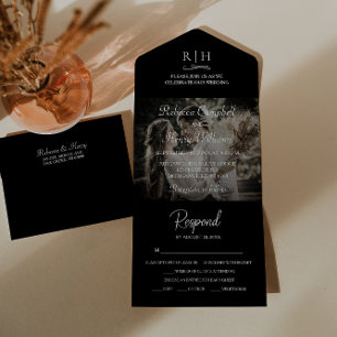 Foto de casamento preto moderno   RSVP Monograma