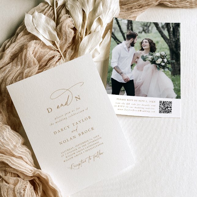 Foto de Charm Elegante Dourada Convites para Casam (Elegant Charm Photo Gold Wedding Invitations RSVP)