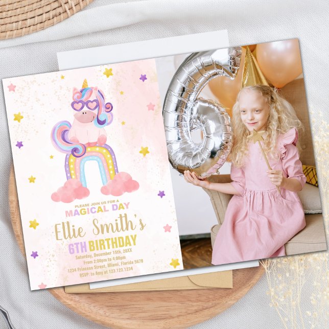 Foto de Convite de Aniversário do Unicorn Rosa com (Watercolor Pink Unicorn Birthday Invitations photo)