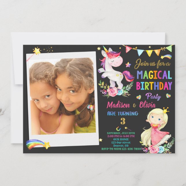 Foto de convite de aniversário para Unicorn e Prin (Frente)