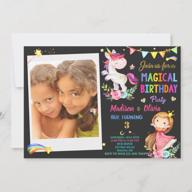 Foto de convite de aniversário para Unicorn e Prin (Frente)