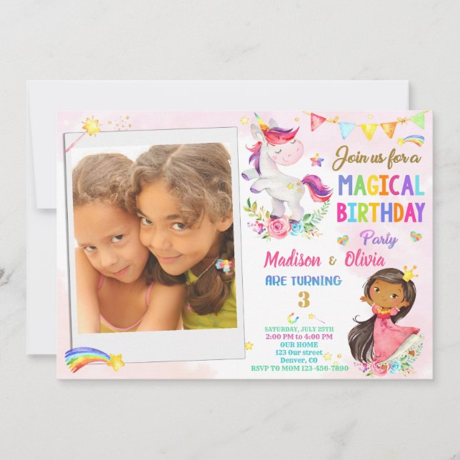 Foto de convite de aniversário para Unicorn e Prin (Frente)