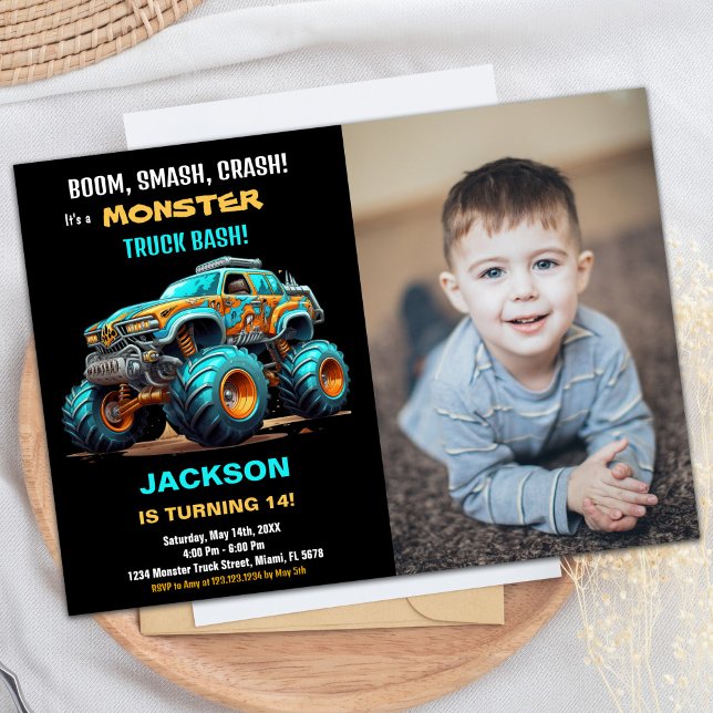 Foto de Convites de Aniversário do Caminhão de Mon (Blue Monster Truck Birthday Invitations Photo)