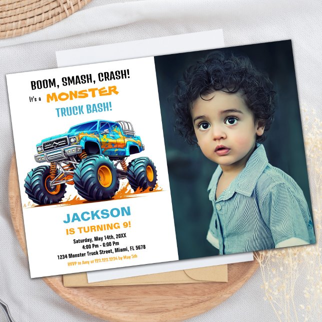 Foto de Convites de Aniversário do Caminhão de Mon (Blue Monster Truck Birthday Invitations Photo)