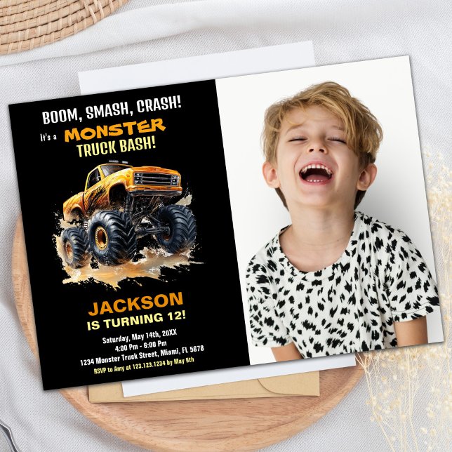 Foto de Convites de Aniversário do Caminhão de Ora (Orange Monster Truck Birthday Invitations Photo)