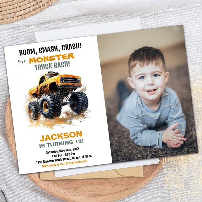 Foto de Convites de Aniversário do Caminhão de Ora (Orange Monster Truck Birthday Invitations Photo)
