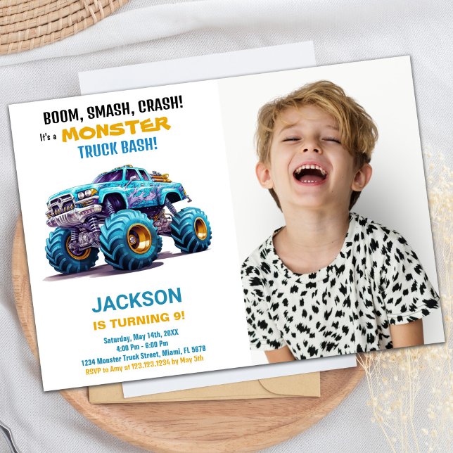 Foto de Convites de Aniversário do Caminhão de Ora (Orange Monster Truck Birthday Invitations Photo)
