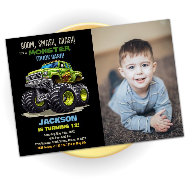 Foto de Convites de Aniversário do Caminhão Verde (Green Monster Truck Birthday Invitations Photo)