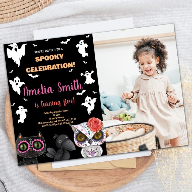 Foto de Convites de Aniversário do Dia Negro de Fe (Photo Spooky Black Halloween Birthday Invitations)