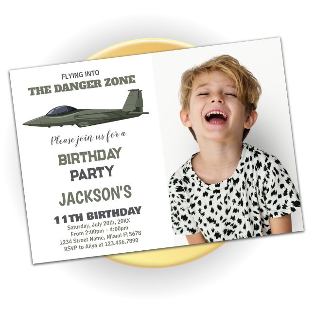 Foto de Convites de Aniversário do Jato de Luz Esc (Green Dark Fighter Jet Birthday Invitations Photo)