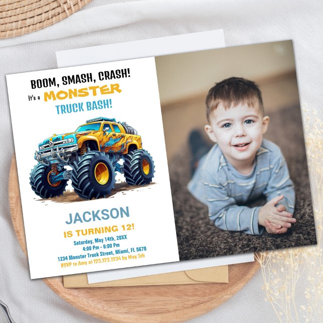 Foto de Convites de Aniversário do Monstro Amarelo (Yellow Monster Truck Birthday Invitations Photo)