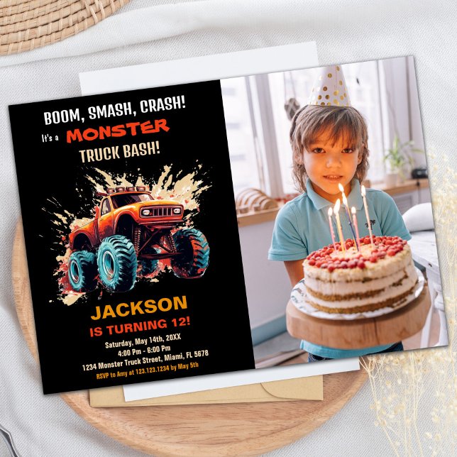 Foto de Convites de Aniversário do Red Monster Tru (Red Monster Truck Birthday Invitations Photo)