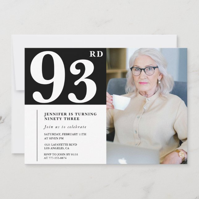 Foto de convites para 93 anos, em preto e branco (Frente)