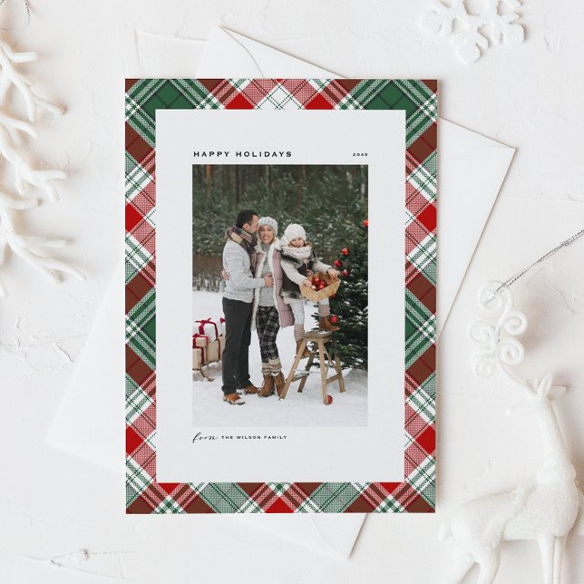 Foto de feriados felizes com padrão de Xadrez verd (Green and Red Classic Plaid Pattern Happy Holidays Photo Card)