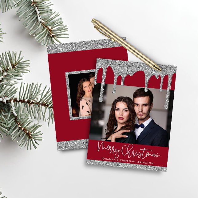 Foto de Glitter Vermelho Silver no Natal do Orçame (Budget Christmas Red Silver Glitter Drips Photo Holiday Card)