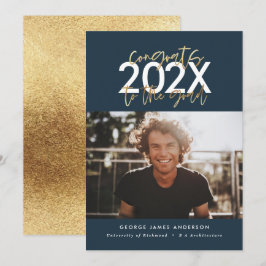 Foto de graduação de script moderno azul e dourado