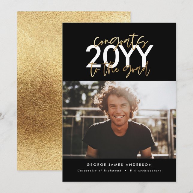 Foto de graduação em preto-e-ouro moderno de rotei (Frente/Verso)