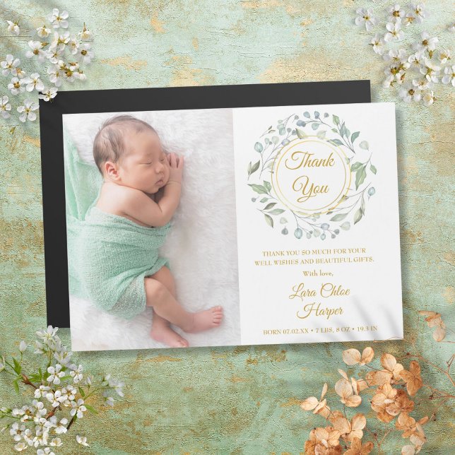 Foto de Nascimento de Bebê Folhagem Dourada Obriga (Baby Birth Photo Greenery Gold Thank You)