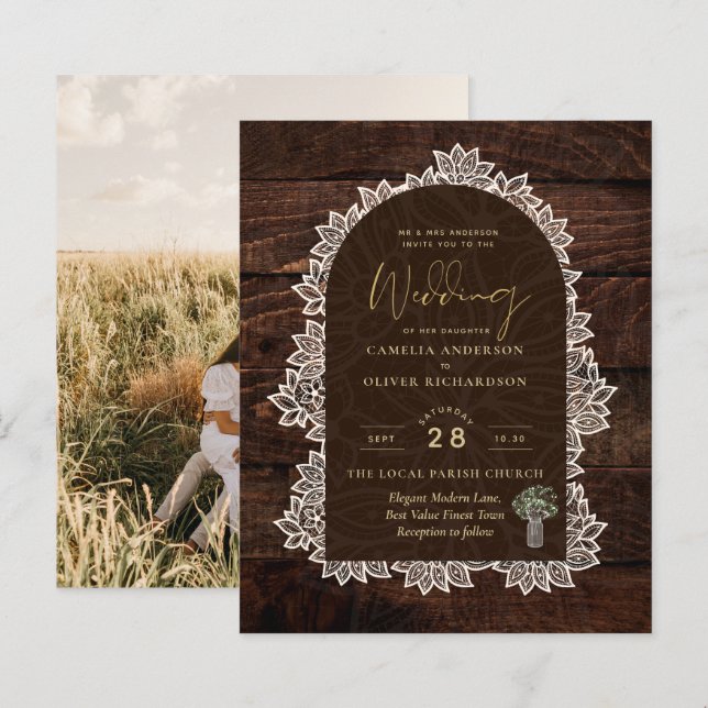 Foto de Orçamento Invitação Rústica Lace Madeira (Frente/Verso)