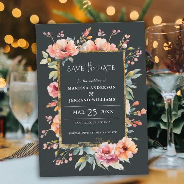 Foto de quadro Dourado floral Rustic Salvar cartão (Rustic Floral Gold Frame Photo Save the Date Card)