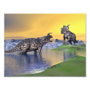 Foto Dinossauros do Einiossauro por pôr do sol - render