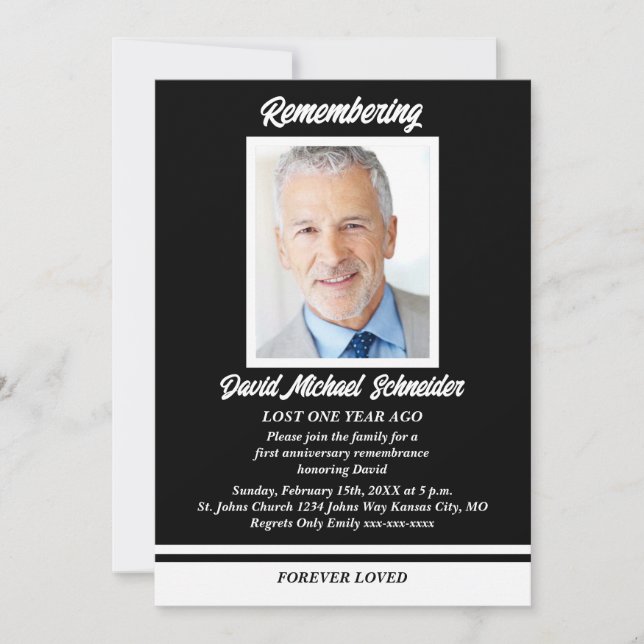 Foto do aniversário da morte no convite a preto e  (Frente)