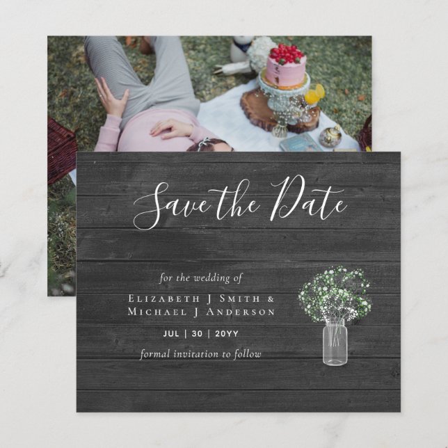 Foto do CHEAP Salvar Datas Rustic Gypsophila Mason (Frente/Verso)