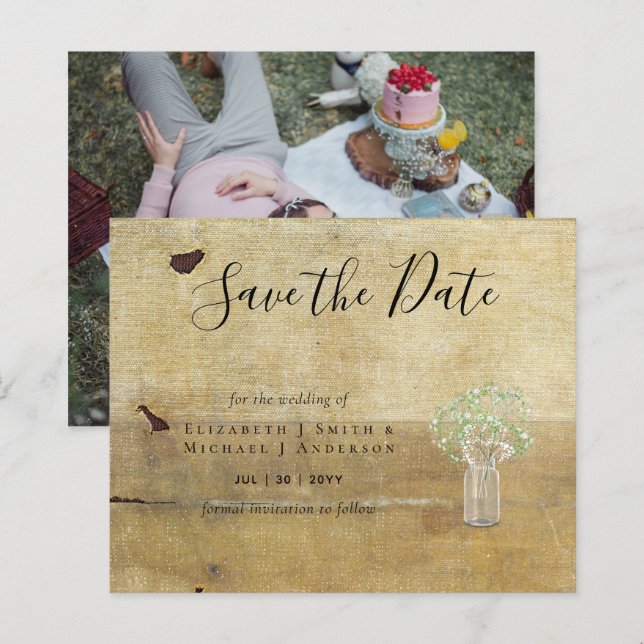 Foto do CHEAP Salvar Datas Rustic Gypsophila Mason (Frente/Verso)