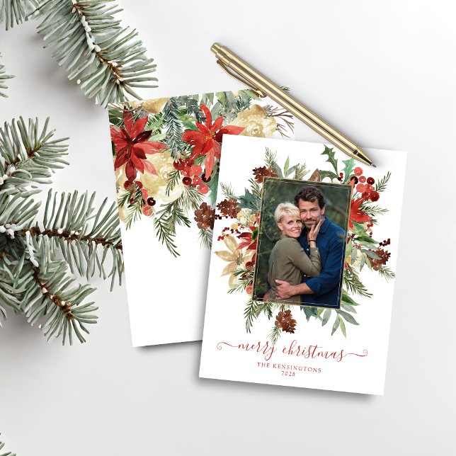 Foto Dourada de Natal Floral de inverno Moderna do (Budget Modern Winter Floral Gold Christmas Photo Holiday Card)