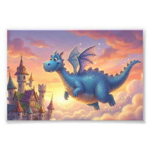 Foto Dragão Azul Fofo Voando Sobre o Castelo