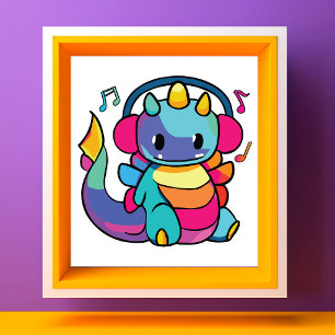 Foto Dragão feliz com fones de ouvido ouvindo música.