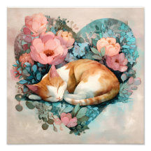 Dreamy Sleeping Ginger Cat Floral Watercolor